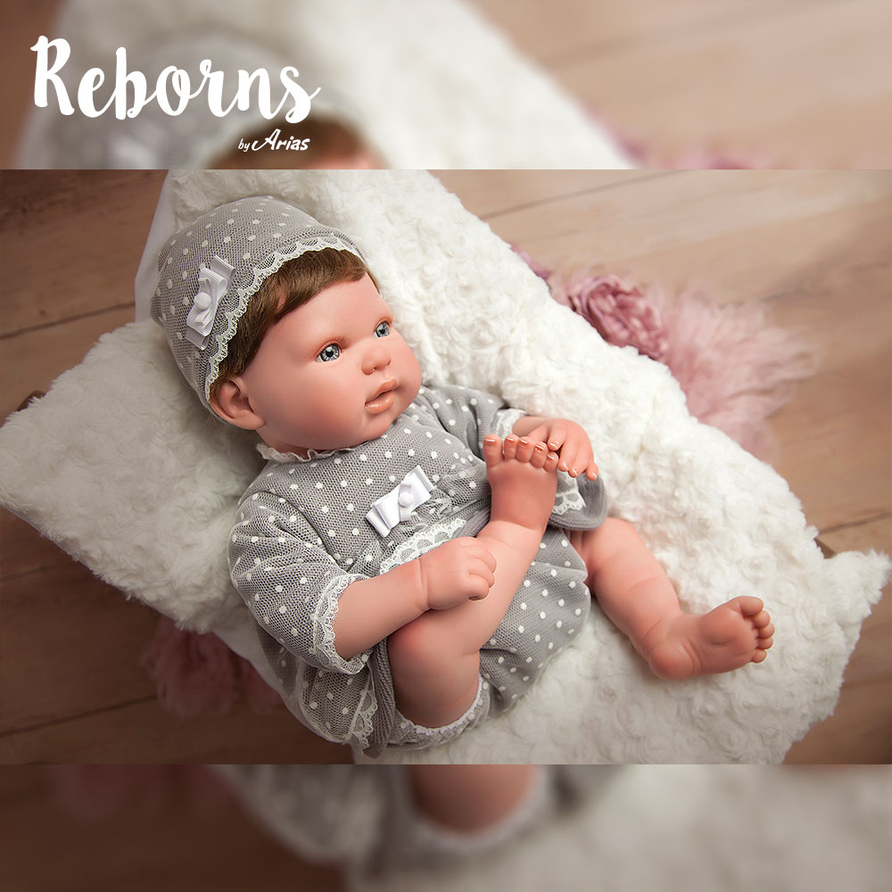 Новорождённый пупс из серии Arias ReBorns – Lucia, мягкое тело, 45 см., в серой одежде, с соской и подушкой  